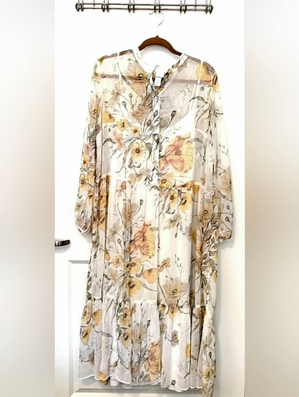 H&M Women's 12 Sheer Floral Tiered Midi Dress in Yellow and Cream